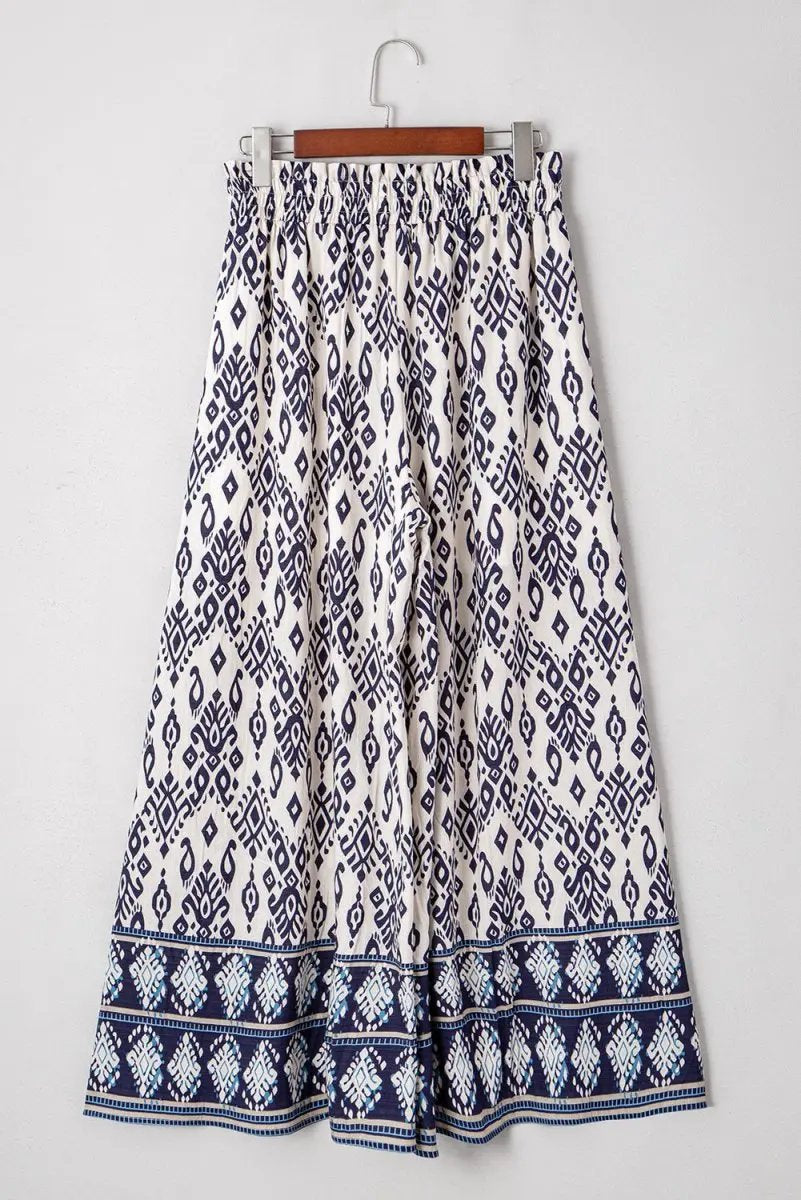 Blue Boho Pattern Print High Waist Wide Leg Loose Pants - Love Salve